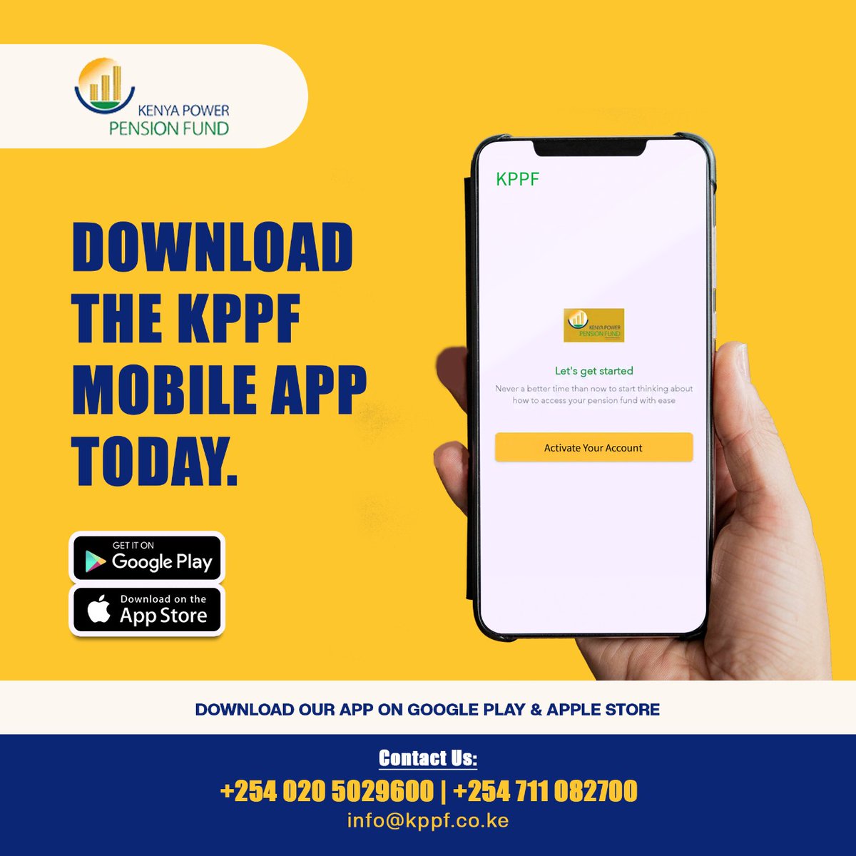 kplcpension's tweet photo. Download the KPPF mobile app and access our services at your convenience today. Available on Google Play and IOS app store.

For more information, contact us on +254 020 5029600 /  +254 711 082700
Email: info@kppf.co.ke

#KPPF #KPLC #EChannels #Pensions #Pension #PensionSchemes https://t.co/grUbXcUff6