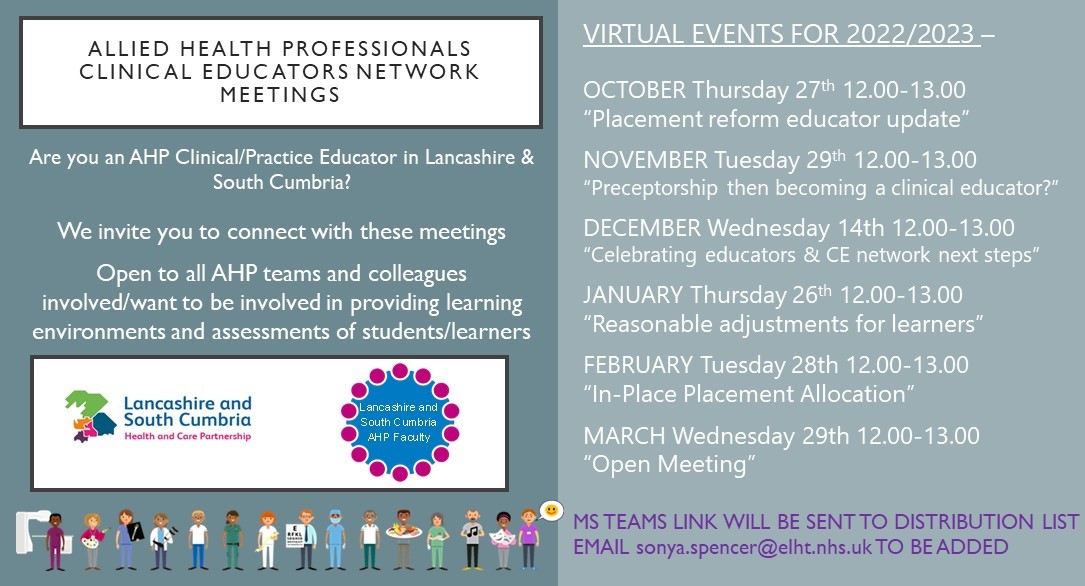 LSC_ICB_AHPs's tweet photo. 📣Here's the details of the next series of Allied Health Professionals Clinical Educators Network Meetings📣 #comealong #joinin #ahps #faculty #LSCtogether #learning #network #telleveryone https://t.co/aq1WGpUK7s