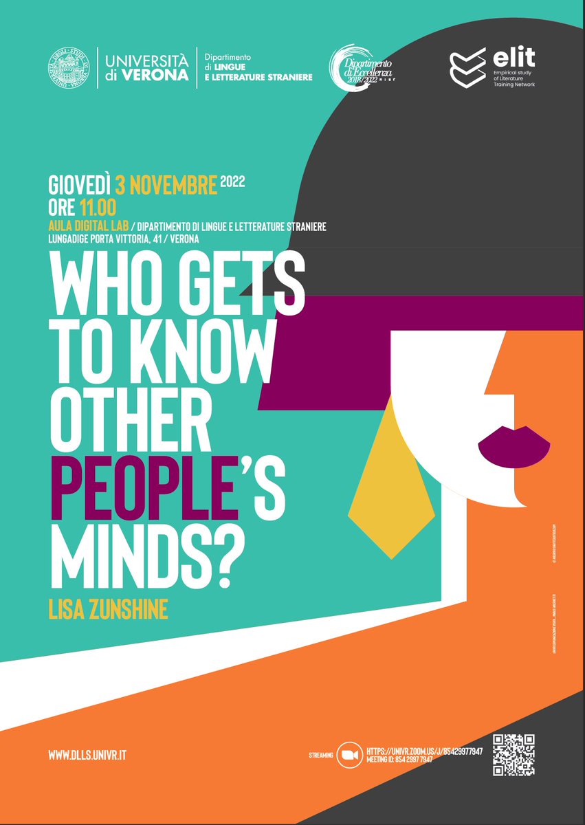 Hello, Literature Scholars! Want to find out 'Who gets t know other people's minds?' Liza Zunshine will be talking about that on 3 November 2022, 11:00 CET. Use this link to connect: univr.zoom.us/j/85429977947 Meeting ID: 854 2997 7947 Spread the word! #literature #seminar #free