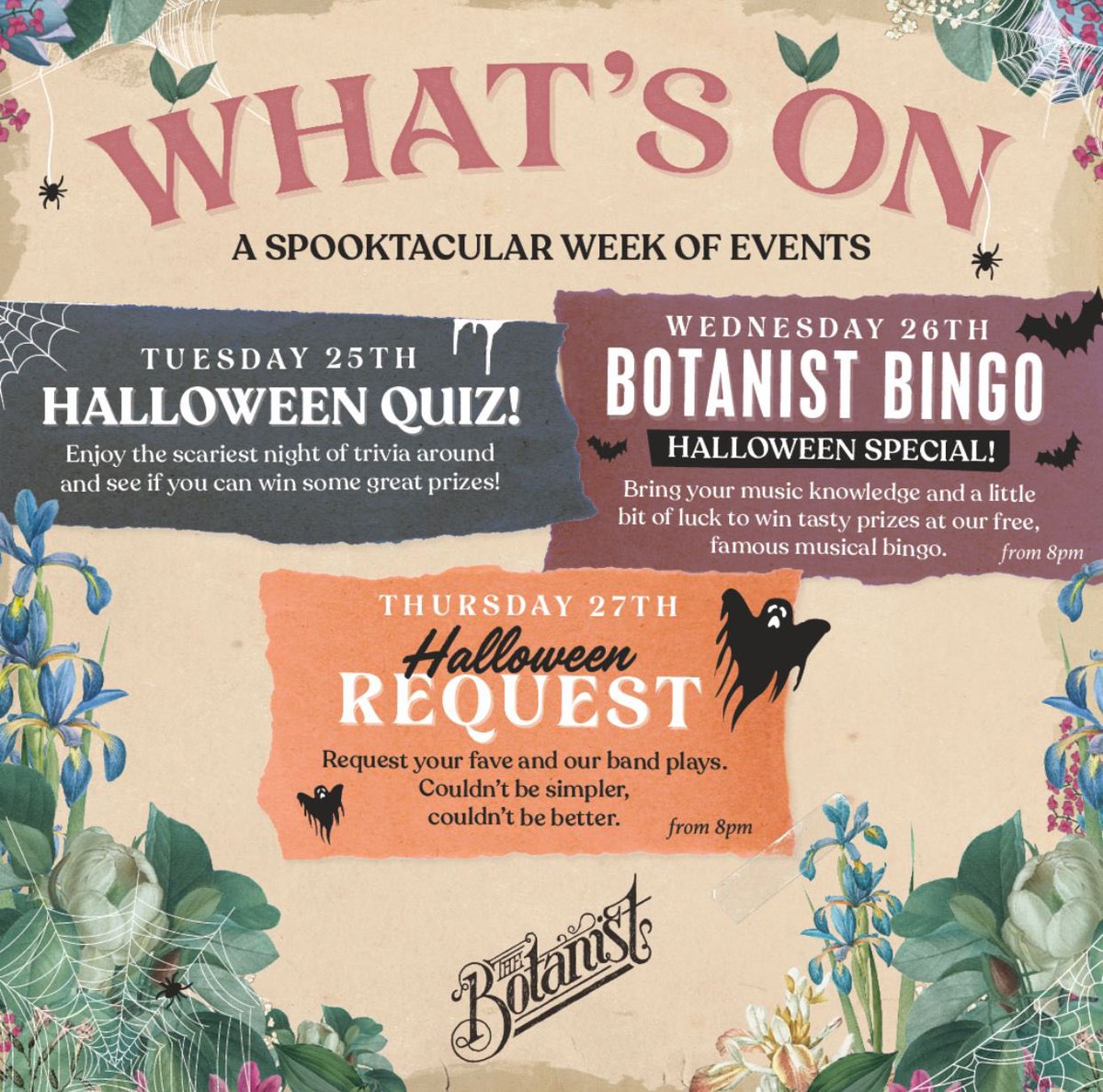 Orange you glad it’s Halloween week? 🎃💀 Get ready for a week of SPOOKTACULAR events at the Botanist! Including the Halloween quiz, Botanist Bingo Halloween Special & Halloween Request Night! Book in via this link: thebotanist.uk.com/book-online Fancy dress is welcome! 🧟‍♀️