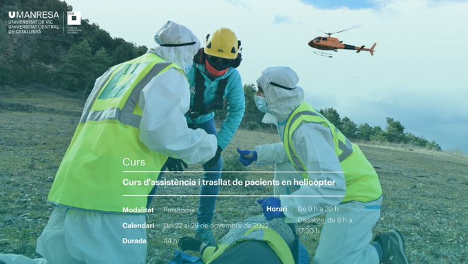 UManresa's tweet photo. 🚁Nova edició del curs d'assistència i trasllat de pacients en helicòpter (HEMS i SAR). Inclou pràctica amb vol

👤 Modalitat: presencial
⏳ Durada: 44 hores
🗓️ Inici: 22 de novembre de 2022

Mira el vídeo ⬇️

📹https://t.co/oZlNZCEgxP

https://t.co/LnCNbv3egi

@HeliPyr https://t.co/IGuUI0VF5V