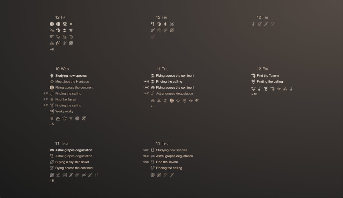spacegangster's tweet photo. Another draft of the new time units for @lightpad_ai. Features important tasks, varying day detalization, completion status, scheduled and unscheduled events. Not sure about counting the remaining tasks or their totals https://t.co/WsrRbVz692