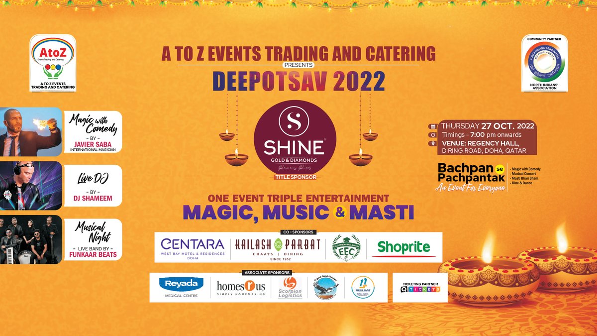 QticketsLIVE's tweet image. Celebrate Diwali like never before with Live Bands, Magic Show and DJs, for all ages. Rates include an open buffet. 

Bookings &amp;amp; Details at q-tickets.com 

#Deepotsav2022 #Diwali #MagicShows #Diwali #JavierSaba  #DJShameem #FunkaarBeats #Qatar #QTickets