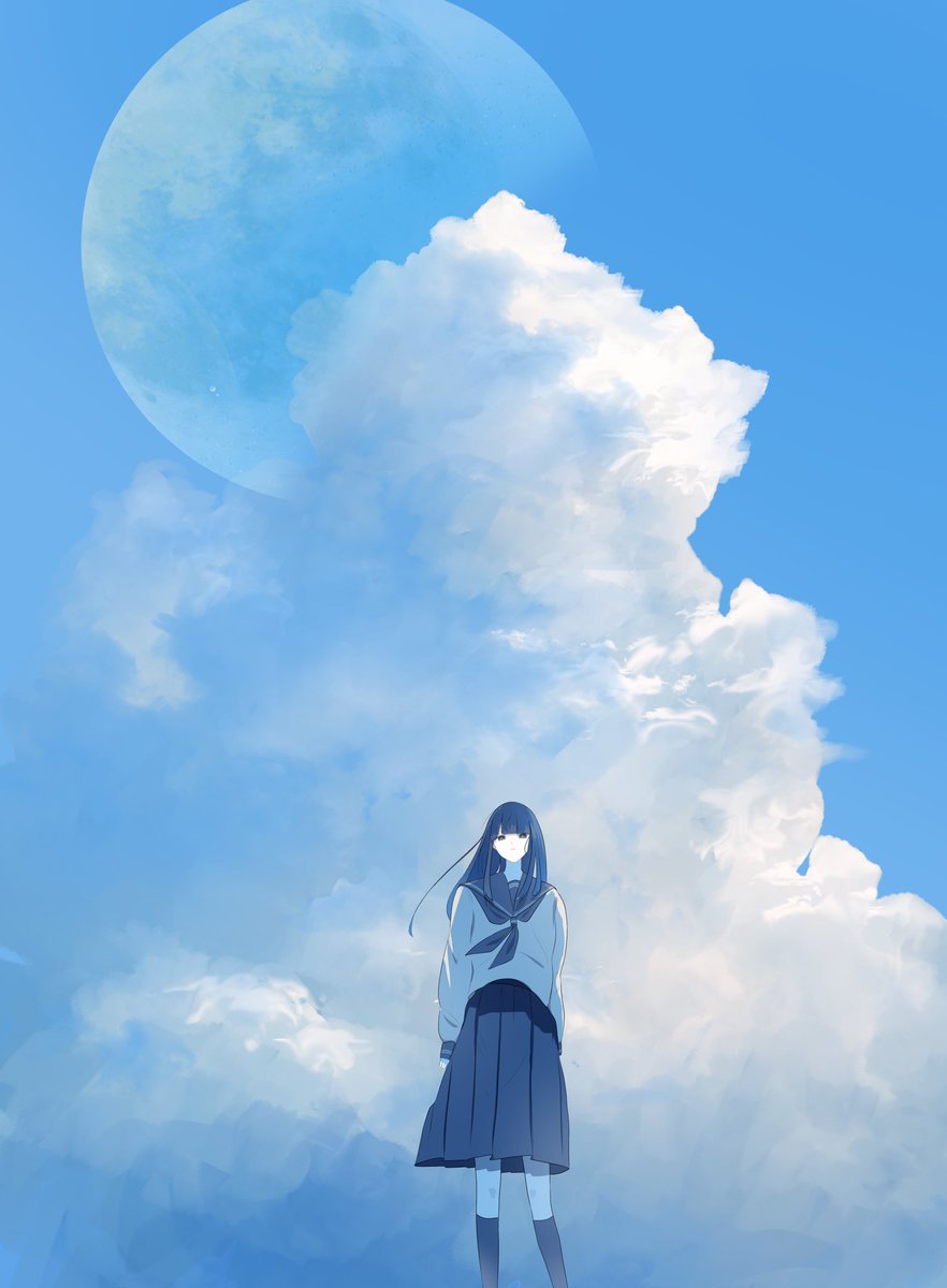 1girl solo cloud sky skirt long hair school uniform  illustration images