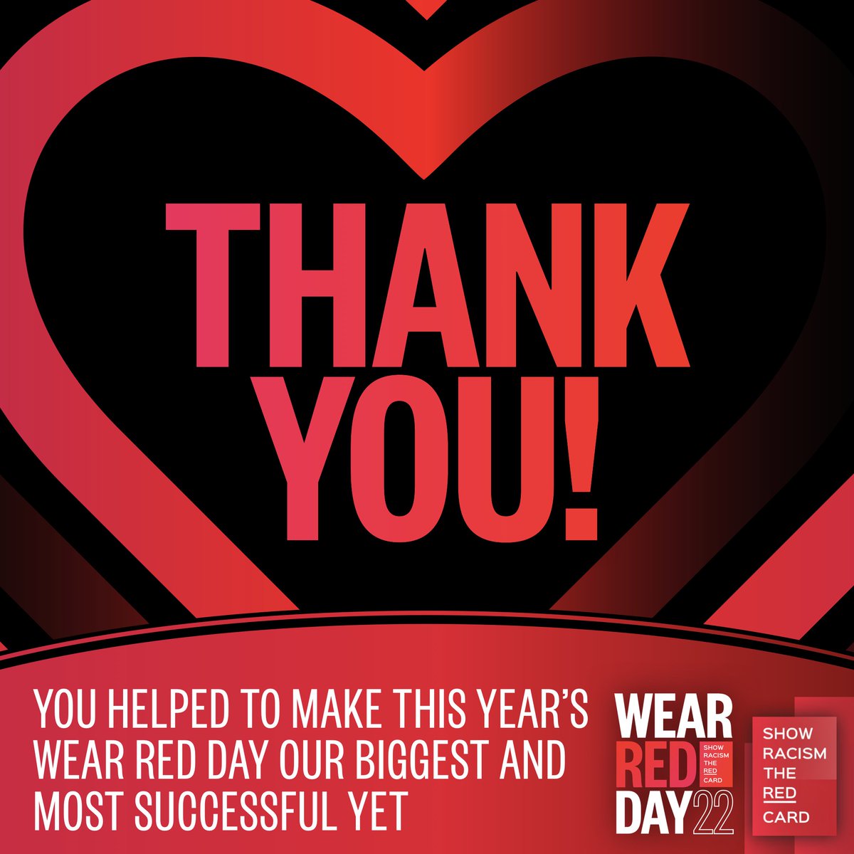 #WRD22: THANK YOU ❤️ Every year we're blown away with your support for Wear Red Day. Your donations allow us to continue providing our comprehensive anti-racism education across the UK. 🔗 theredcard.org/wear-red-day