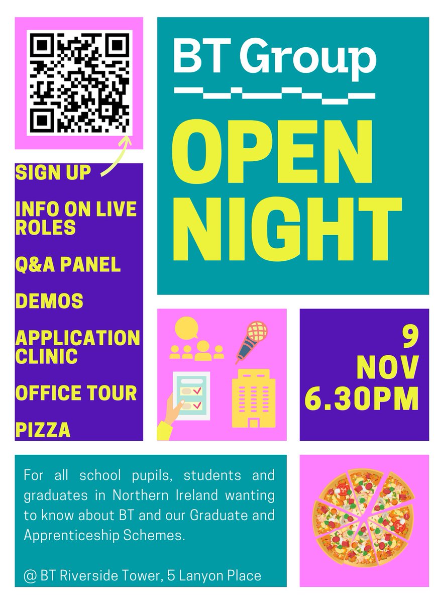 BT Group Open Night - 9th November 2022 at 6.30pm-9.00pm at Riverside Tower. 

Learn more about BT, ask questions about the schemes, and get advice on how to apply during their Open Night. 

forms.office.com/pages/response…