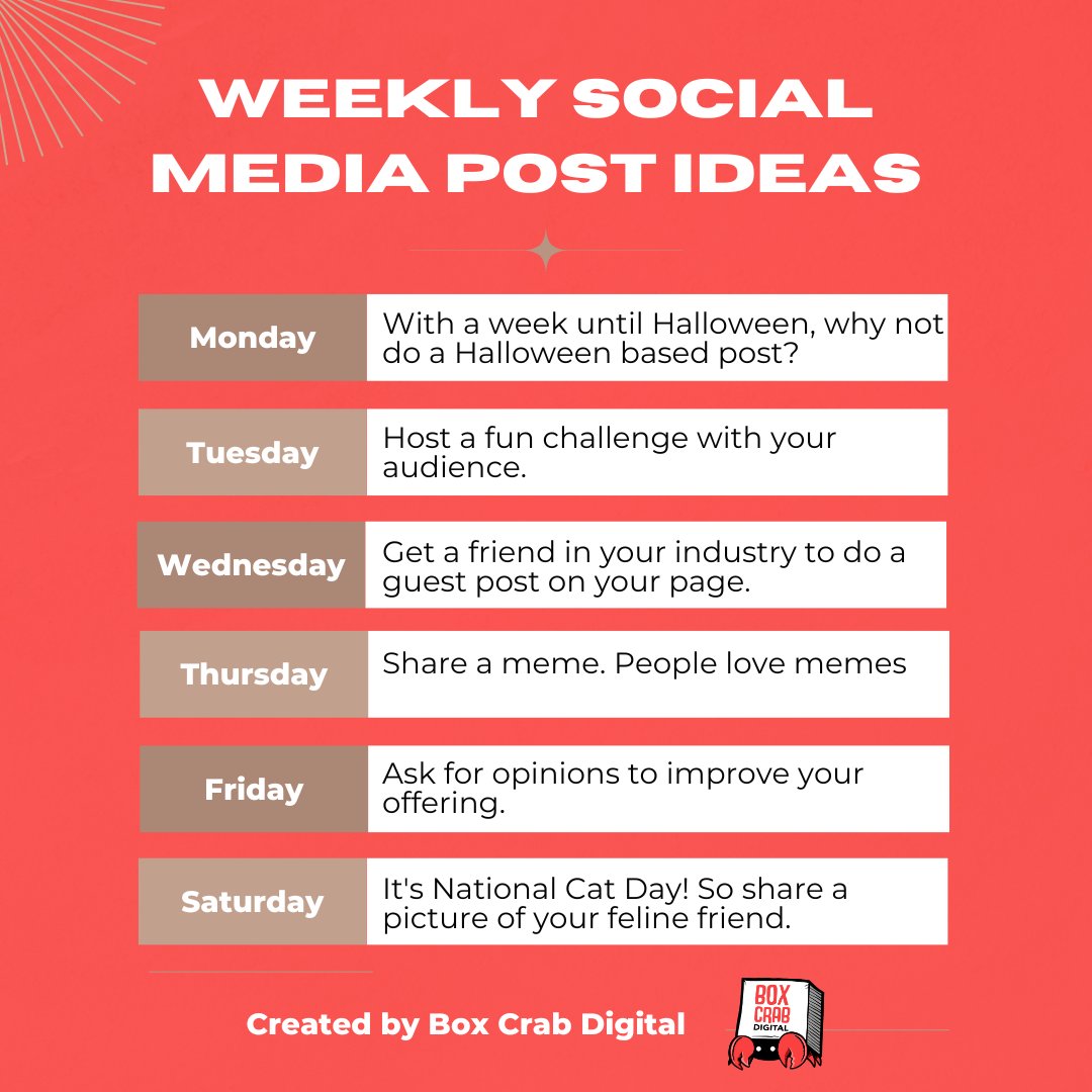 Here are some weekly social media post ideas! With Halloween coming up, make sure to get your spook on.