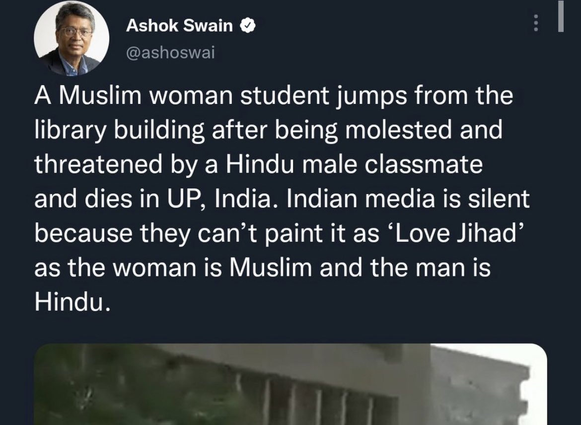Ashok Swain said that a H boy molested M girl so she jumped off building. Investigation revealed so far that classmates couple was in relationship >fighting off late>taken “break”> girl conducted scripted “loyalty test”> arguments> boy slapped girl> upset> jumped. 1/