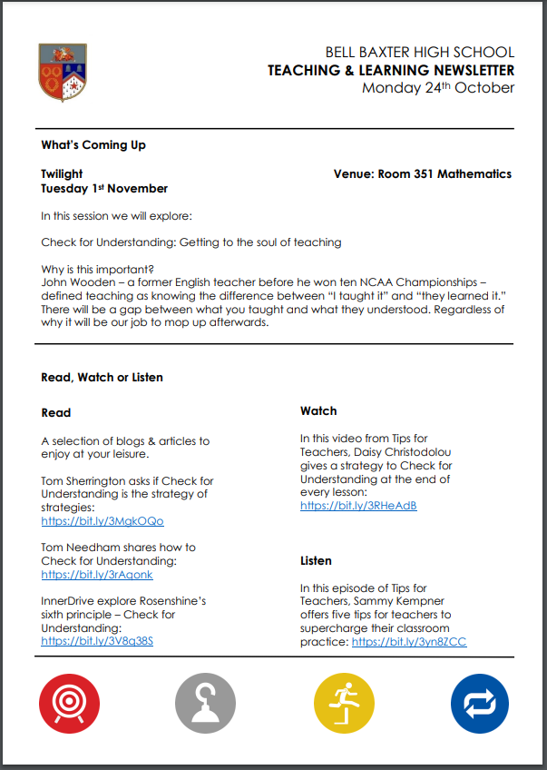 BBHSLearns's tweet photo. This weeks T&amp;L Newsletter has been sent to staff and includes our weekly recommended Read, Watch &amp; Listen.

The newsletter this week zooms in on Checking for Understanding

#excellence #togetherness #curiosity https://t.co/E5c373jcel
