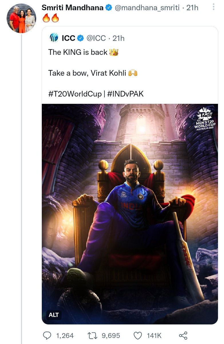 DarkPhantom_18's tweet photo. Smriti Mandhana's quote having two emojis is now the HIGHEST LIKED TWEET for any women cricketer till date!
Brand @imVkohli 🐐 https://t.co/NZN5M5rcxu