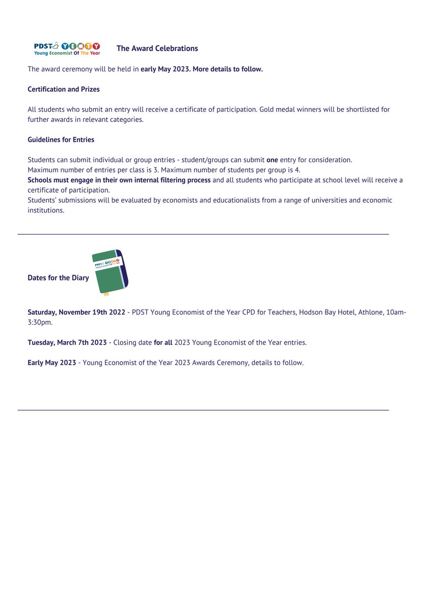 The <a href="/PDSTie/">PDST</a> are delighted to launch the 2023 Young Economist of the Year! See full details 👇of this years theme, teacher CPD &amp; important dates 🗓️ to remember ahead of this event. 
<a href="/PDST_YEOTY/">PDST YEOTY</a>,<a href="/PDST_Economics/">@PDST_Economics</a>, <a href="/Education_Ire/">Department of Education and Youth</a>  <a href="/econrachel/">Rachel Farrell</a>, <a href="/centralbank_ie/">Central Bank of Ireland</a> 
#YEOTY

👇👇