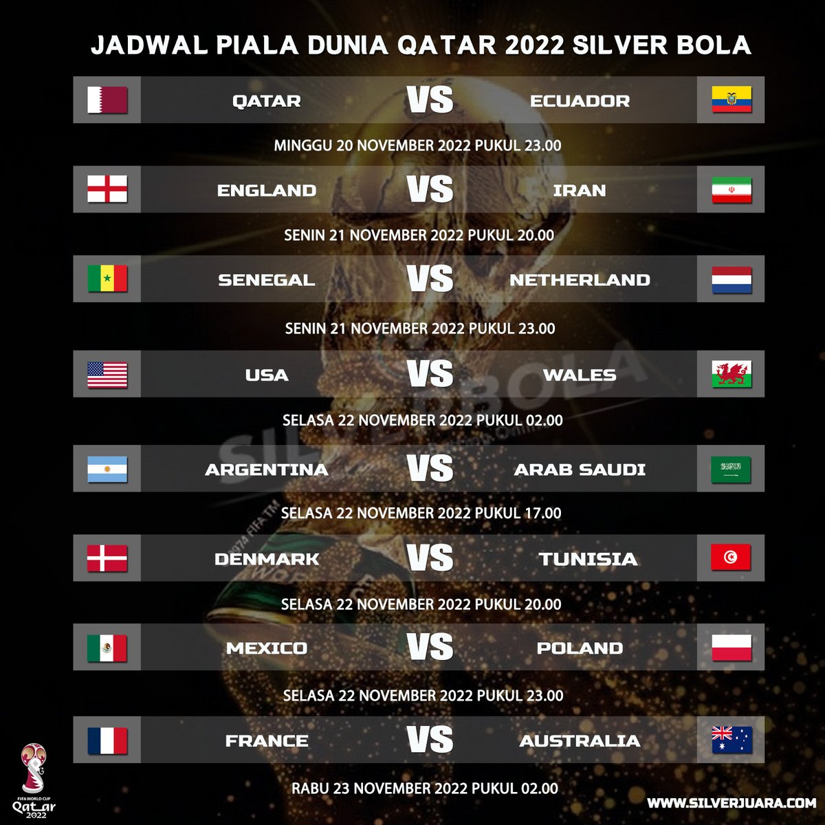 Silverbolaoffi1's tweet photo. Ajang Bergengsi Piala Dunia 2022 Akan Segera hadir !!
Jadwal Pertandingan Tanggal 20 - 23 November 2022
Tentukan Andalan Mu Dan Bermain Di #Silverbola
Buktikan Sekarang Juga di https://t.co/yVNvDJ6HVF
#menangbesar #untungbesar #pialadunia #WorldCup #WorldCupQatar #Qatar2022 https://t.co/UiA5S2BXOe