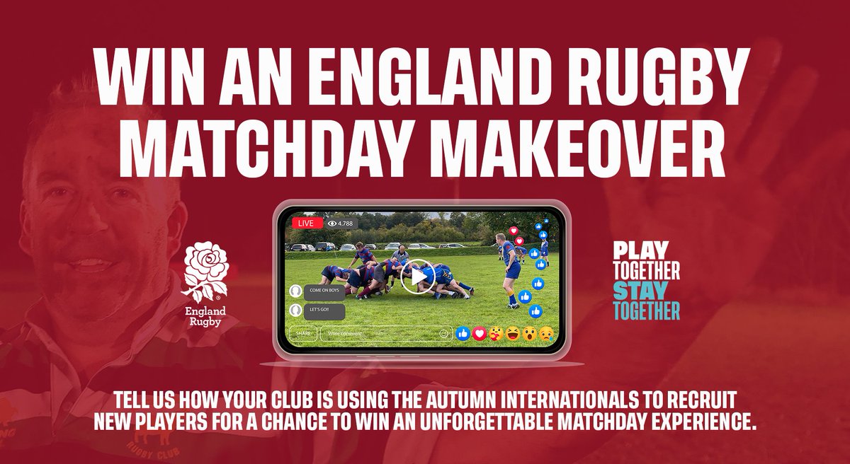 🚨WIN an @EnglandRugby matchday makeover for your club! 📹Livestream 📢Team announcements 🎙️Commentary 🏉Post match interviews To enter➡️bit.ly/WinTheEnglandT… T&C's➡️bit.ly/RFUTermsAndCon… #PlayTogetherStayTogether