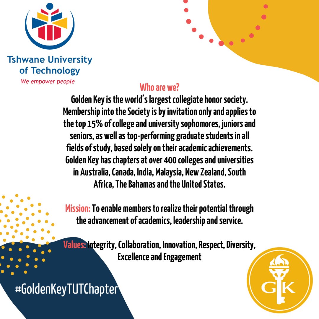 GKTUTChapter's tweet photo. Hey TUT Goldies ๐
Thank you for following us. You are welcome ๐ค, feel at home ๐ .
We thought we could formally introduce ourselves today and we will continue to do so over next few days/weeks ๐.
Have a productive week, letโs go ๐โผ๏ธ
#YesGK #GoldenKeyTUTChapter https://t.co/mN3myKh8xk
