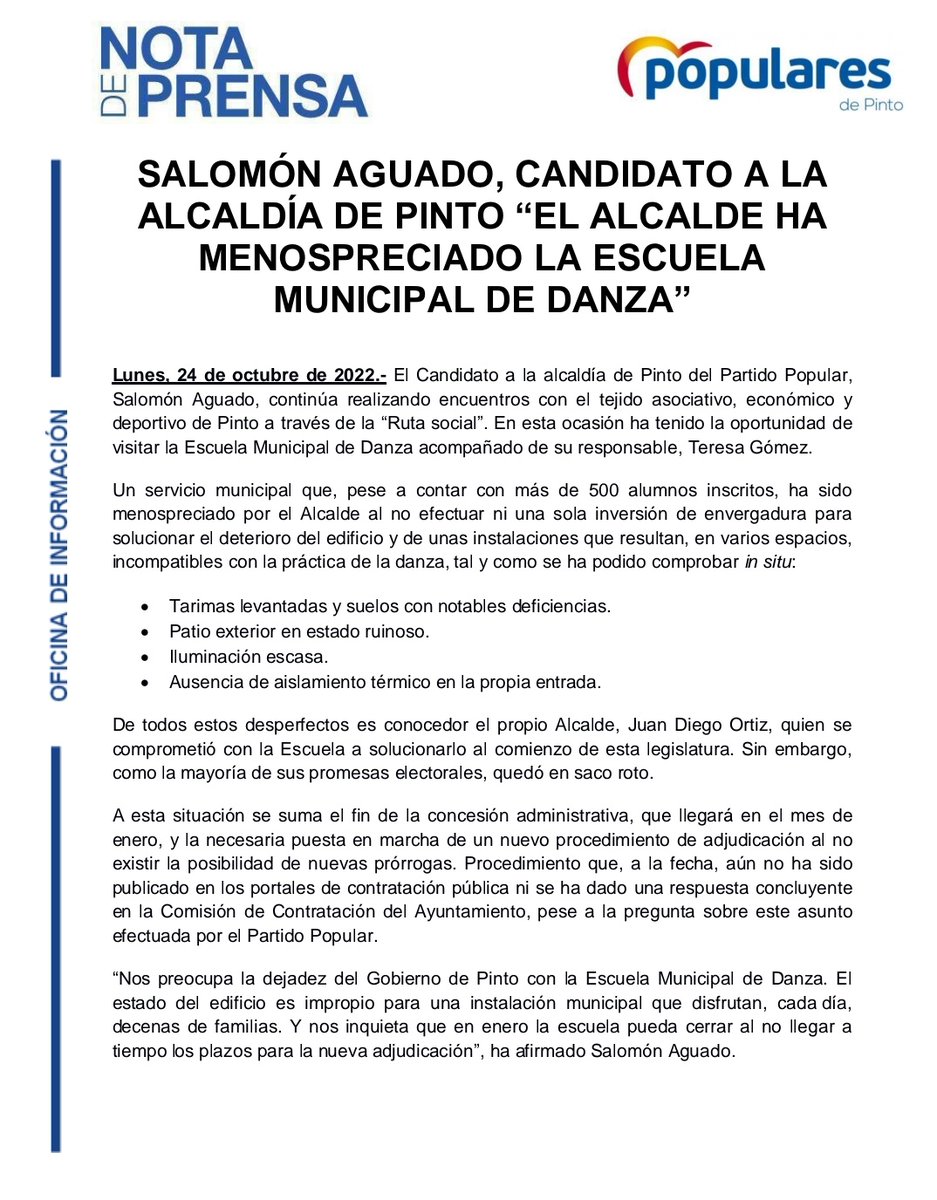 popularespinto's tweet image. 📢📢 #NotaDePrensa
@Aguado_pp 🗣️ "El Alcalde ha menospreciado la Escuela Municipal de Danza"
🔴 El edificio cuenta con notables deficiencias.
🔴 La adjudicación finaliza en enero de 2023. Esperamos que los plazos puedan cumplirse ⚠️