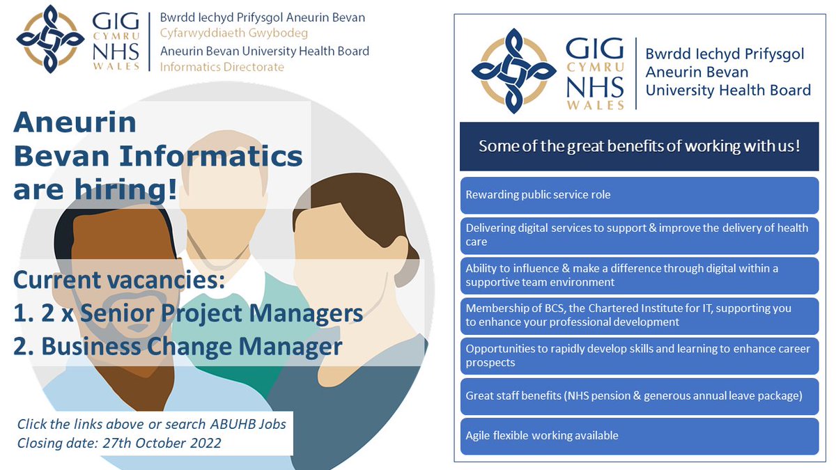 Take a look at our current vacancies @AneurinBevanUHB Closing date: 27th October 2022. 2 x Senior Project Managers (Permanent) ow.ly/Lt7a50LiR3X Business Change Manager (Fixed Term) ow.ly/IbGY50LiR3W @ABUHBJobs #New #Job #NHS #Recruiting #Benefits