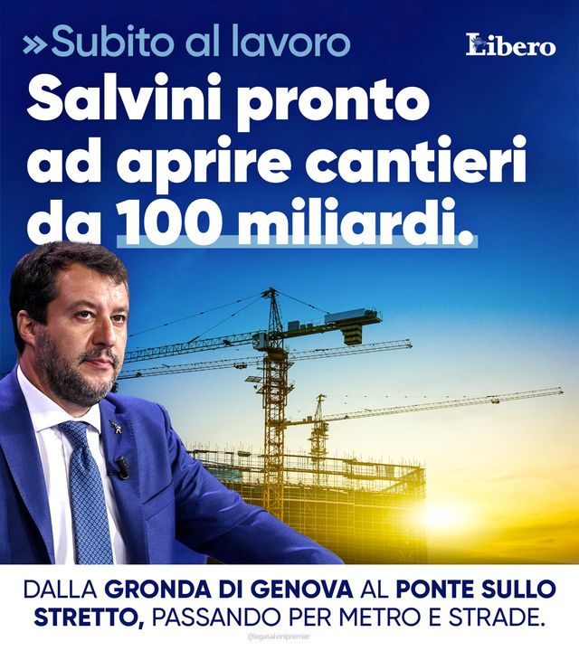LegaSalvini's tweet photo. 🔵 IL MINISTRO #SALVINI SUBITO AL LAVORO: PRONTO AD APRIRE CANTIERI DA 100 MILIARDI. https://t.co/cvt6BU1MIi