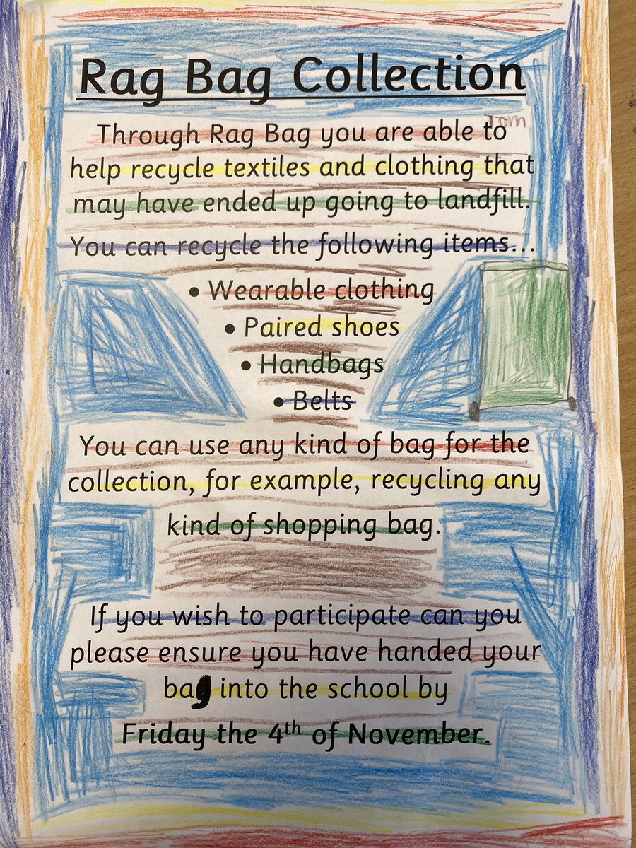 StAugustine_PS's tweet photo. We are taking part in the Rag Bag Collection. This is a chance for you to recycle any old clothes you may have at home. You can use a plastic bag and fill it with wearable clothes, paired shoes, handbags and belts. Please make sure your bag is in by Friday 4th November. ♻️ https://t.co/ZQVkgPPLV5