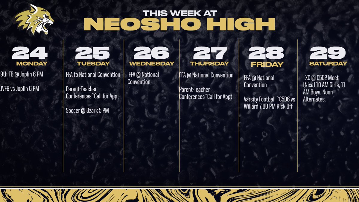 A look at the events for this week. 10/24 thru 10/29.  Watch for the list of Winter practices, those start next week!