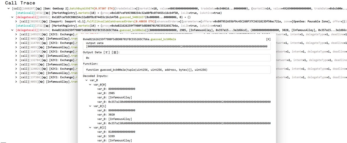 samczsun's tweet image. if you inspect a transaction which calls an unverified contract, you'll get a best-effort recovery of the original function parameters. works as long as the contract uses the standard abi. no more hand-deciphering calldata!