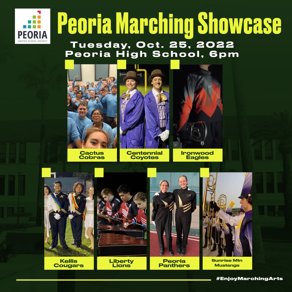 Come see your Pride of the Pack kick of the inaugural PUSD Marching Showcase, this Tuesday, 6pm, at Peoria High School!  ADMISSION IS FREE!  Watch us shrink a kid, turn someone violet, and you may hear some familiar voices…