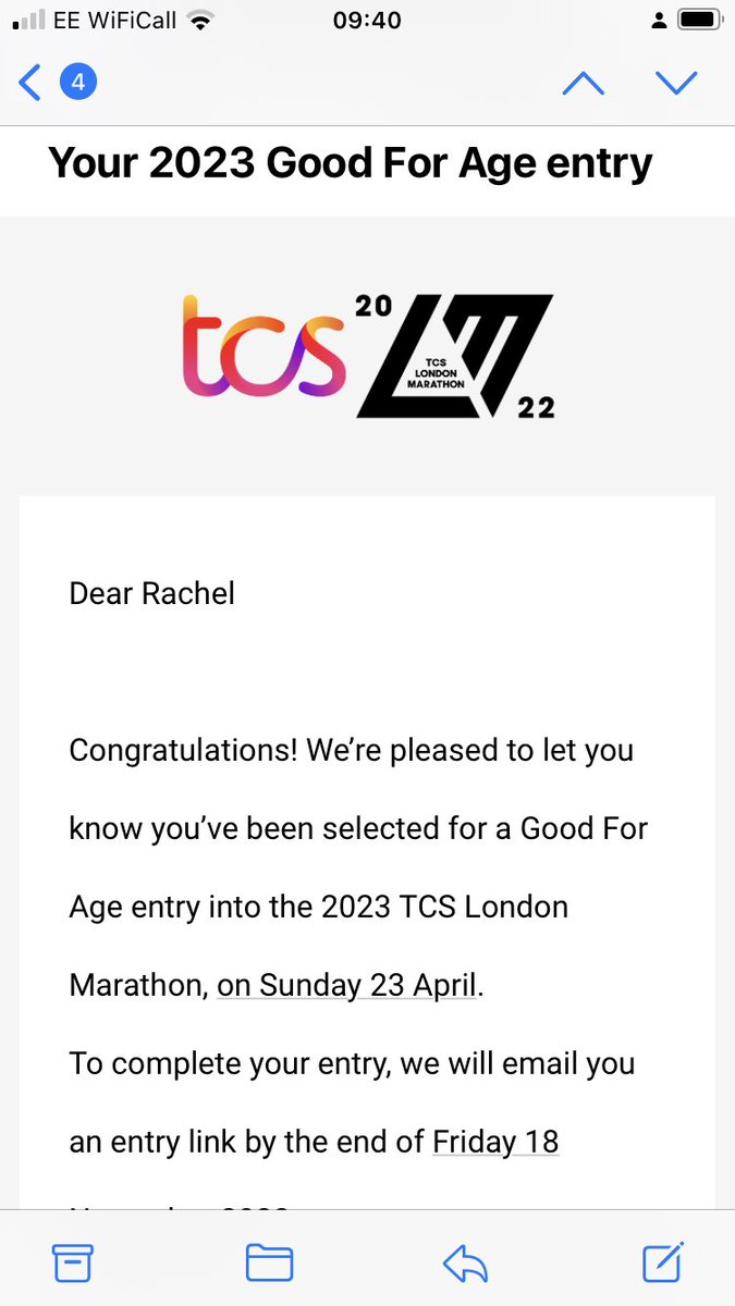 rach_whiting's tweet photo. Think I must’ve only just scraped in but wahoo! 🥳🥳🥳 @LondonMarathon #goodforage https://t.co/03p6Dpkayz
