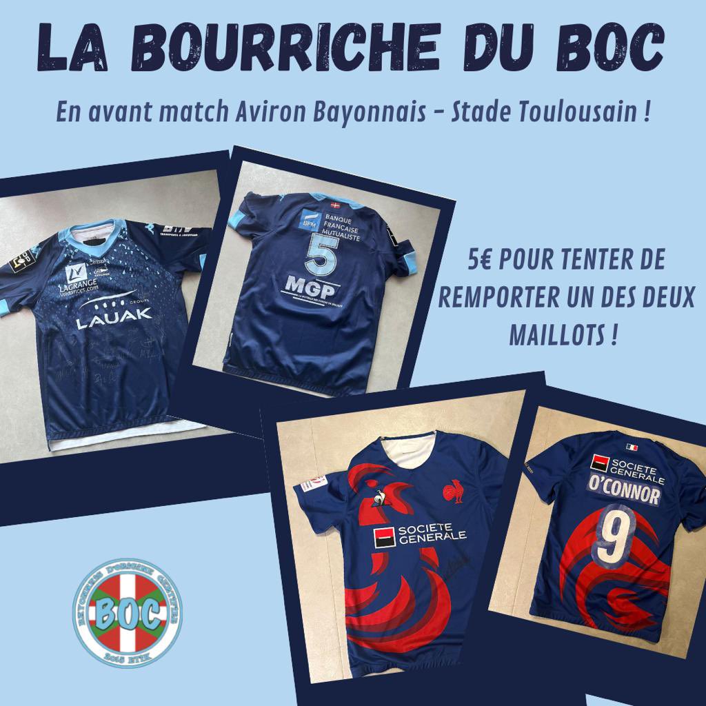 Ce samedi à la Peña BOC, en avant match venez participer à la bourriche du BOC

Achetez un ou plusieurs tickets à 5€ pour tenter de gagner un des deux maillots portés 🔥

Merci à <a href="/Marvin_Oconnor/">Marvin O'connor</a> et <a href="/Max_Lafage/">Maxime Lafage</a> pour ces maillots 😍
