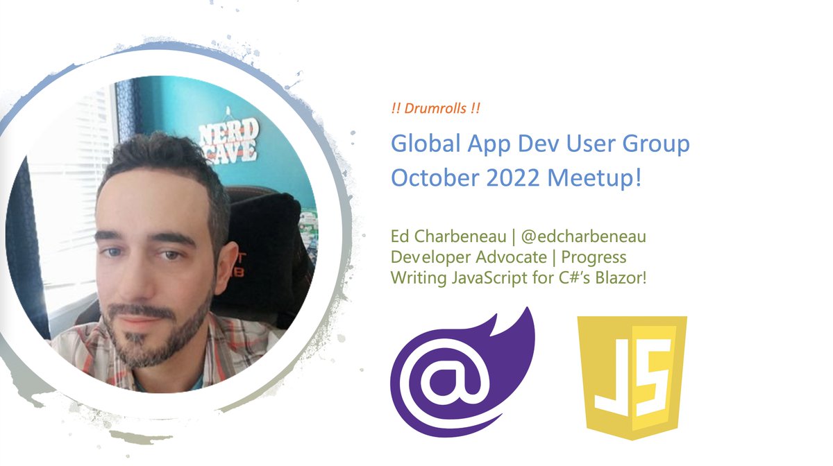 globalappdevug's tweet image. Happy Monday! 🙌
October #GlobalAppDevUG Meetup is this evening: 
@EdCharbeneau talks up #Blazor &amp;amp; JS - globalappdevusergroup.com. 

Come join @ 6 pm EST.. interactive livestream on twitch.tv/codeitlive.