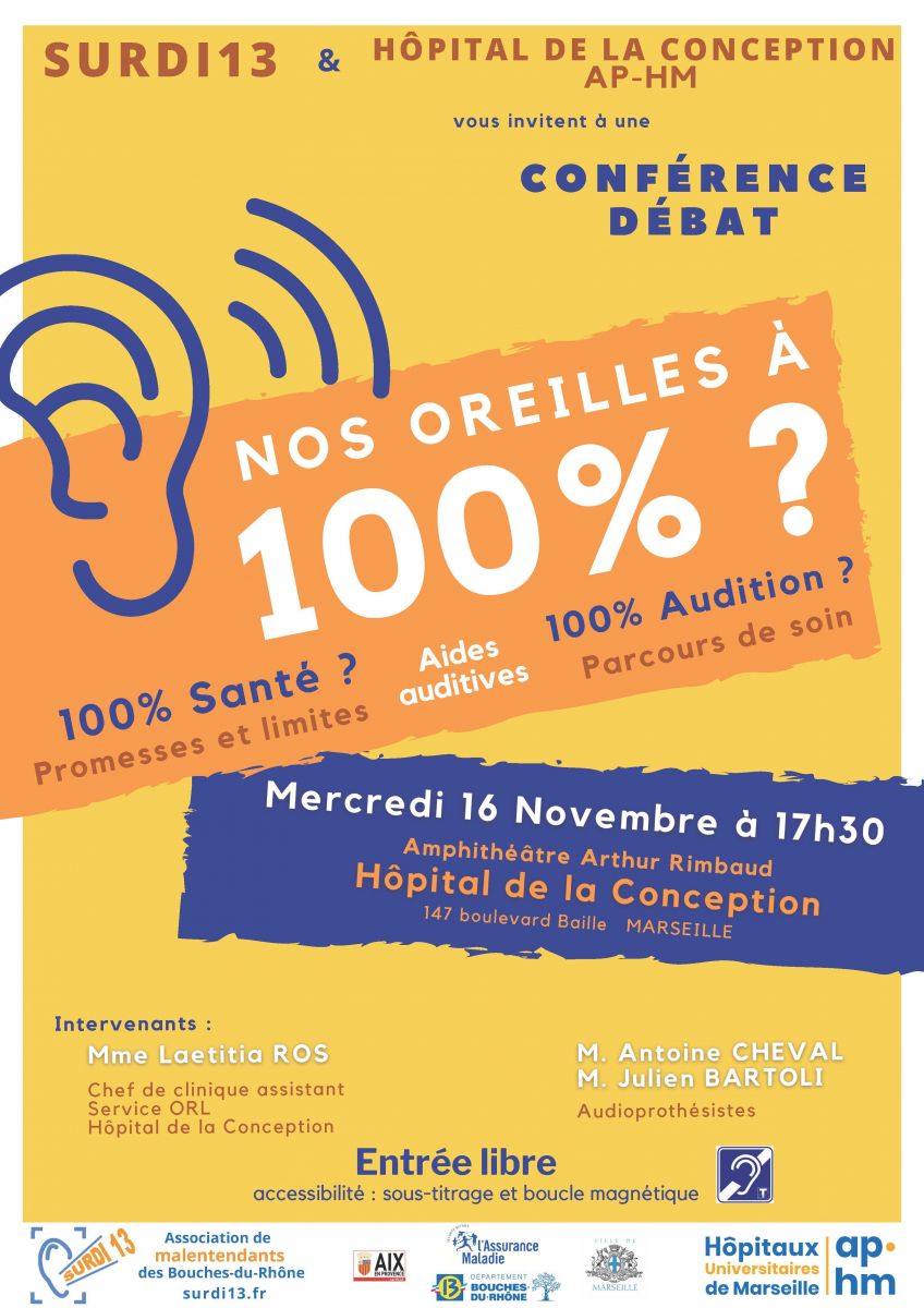 aphm_actu's tweet photo. #SAVETHEDATE 🗓📌 CONFÉRENCE DÉBAT - NOS #OREILLES À 100% ? Par #SURDI13 et l'#APHM, mercredi 16 novembre à 17h30 - Hôpital de la Conception (Amphi rimbaud) Marseille - Entrée libre - #Accessibilité : sous-titrage & boucle magnétique
#audition #aidesauditives #parcoursdesoin https://t.co/iPpAJY8gEM