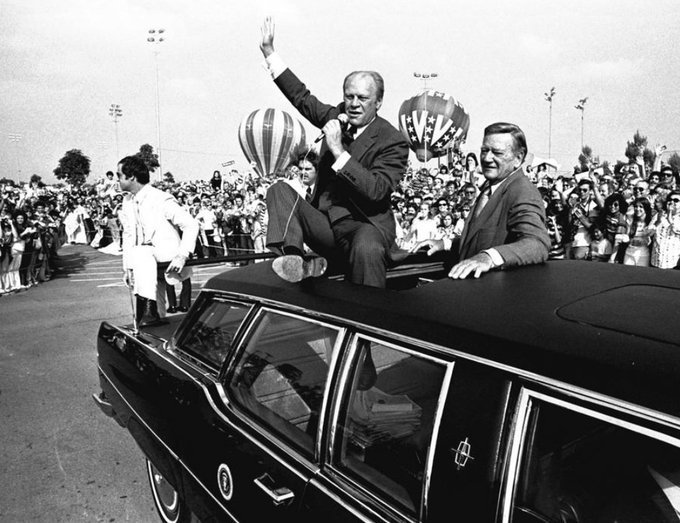 U.S. President Gerald Ford and actor John Wayne campaigning in Fountain Valley, California on this date October 24 in 1976. Photo: AP. #OTD