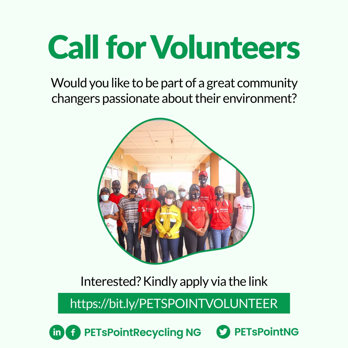 PETsPointNG's tweet photo. Calling all lovers of the environment

Kindly signify your interest here: https://t.co/HVKe7zEWvU

We are expecting your application

@shoslad @NLinNigeria https://t.co/mG2ZWEfb2L