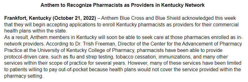 Advocate_Rx's tweet photo. Provider status is spreading! @KyPharmAssoc just announced that @AnthemBCBS will enroll #pharmacists as providers under commercial plans in KY. Increased access to health care coming soon to Kentuckians! Congrats @BenMuddRPh &amp; @kd_bryan!

For more info:
https://t.co/qFFWkNPdsj https://t.co/jpCGmRY6e2