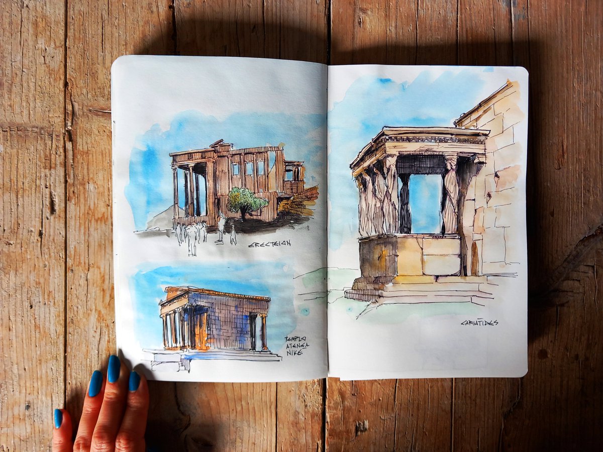 NuriaP9's tweet photo. My greek sketchbook
(now, in color)
#acropolis #athens #atenas #dibujo #sketchbook #cudernodeviaje #viaje #grecia #greece #cariatides #erecteion #ruins #propileos #nike #atenea #helenic #arquitectas #arquitectasquedibujan #greek #apuntes #apuntesdeviaje #acuarela #watercolor https://t.co/MCH92I8bwS