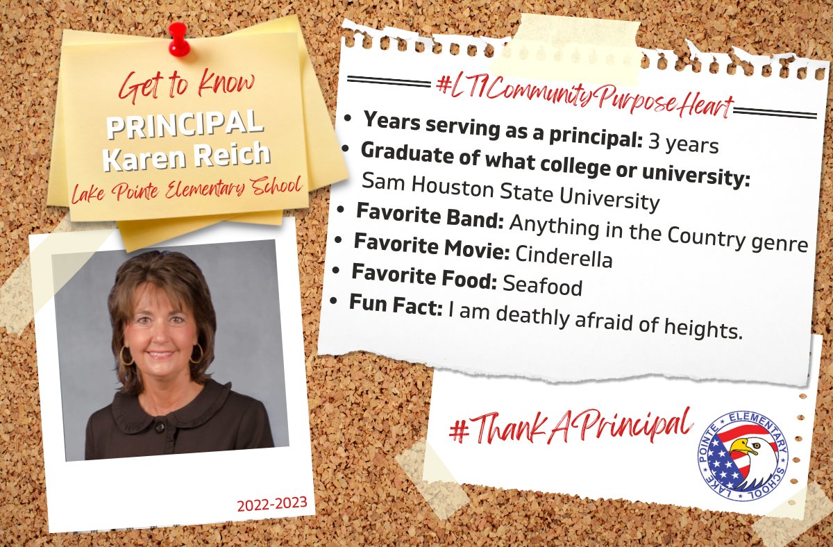 ltisdschools (@ltisdschools) on Twitter photo In honor of National Principals Month, today we salute Karen Reich proud principal at Lake Pointe Elementary School home of the Eagles. #ThankAPrincipal #LT1CommunityPurposeHeart <a href="/LakePointeES/">LakePointeES</a> <a href="/nortonp13/">Paul Norton</a> In honor of National Principals Month, today we salute Karen Reich proud principal at Lake Pointe Elementary School home of the Eagles. #ThankAPrincipal #LT1CommunityPurposeHeart <a href="/LakePointeES/">LakePointeES</a> <a href="/nortonp13/">Paul Norton</a>