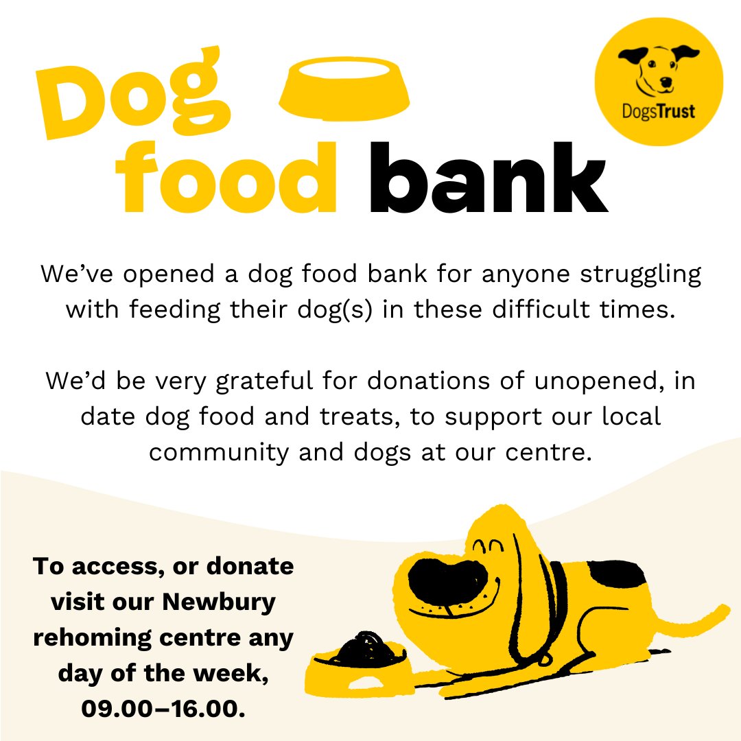 DT_Newbury's tweet photo. We’ve opened a dog food bank for anyone struggling 
with feeding their dog(s) in these difficult times.

We’d be very grateful for donations of unopened, in 
date dog food and treats, to support our local 
community and dogs at our centre 💛 https://t.co/tCuOR7CGj3