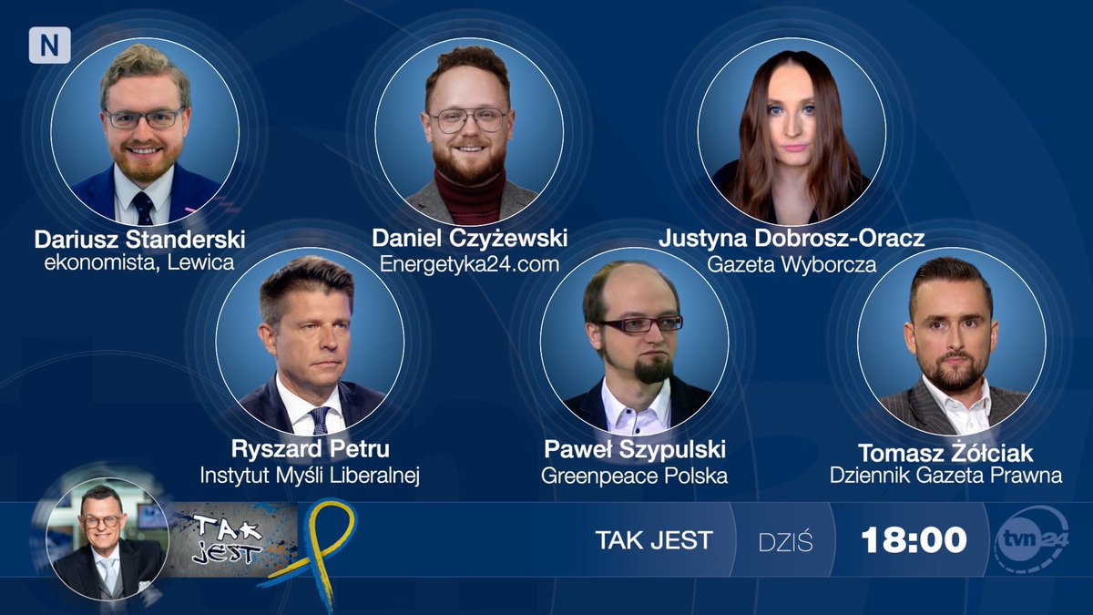 W poniedziałek w <a href="/TakJestTVN24/">Tak Jest TVN24</a>  gośćmi Andrzeja Morozowskiego będą: 
Dariusz Standerski <a href="/DStanderski/">Dariusz Standerski</a> 
Ryszard Petru <a href="/RyszardPetru/">Ryszard Petru</a> 
Daniel Czyżewski <a href="/DanCzyzewski/">Daniel Czyżewski</a> 
Paweł Szypulski <a href="/PSzyp/">Paweł Szypulski</a> 
 Justyna Dobrosz-Oracz <a href="/o_justy/">Justy Oracz</a> 
Tomasz Żółciak <a href="/tzolciak/">Tomasz Żółciak</a> 
Zapraszamy o 18:00 do <a href="/tvn24/">tvn24</a>