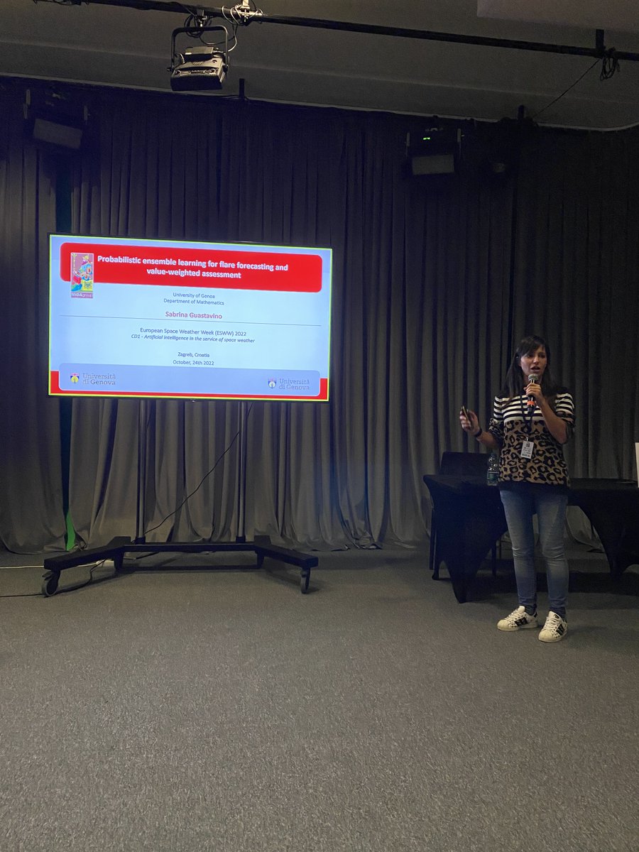Captivating presentation at the European Space Weather Week in Zagreb @ESWW22 by Sabrina Guastavino, who gave her talk "Probabilistic ensemble learning for flare forecasting and value-weighted assessment".
