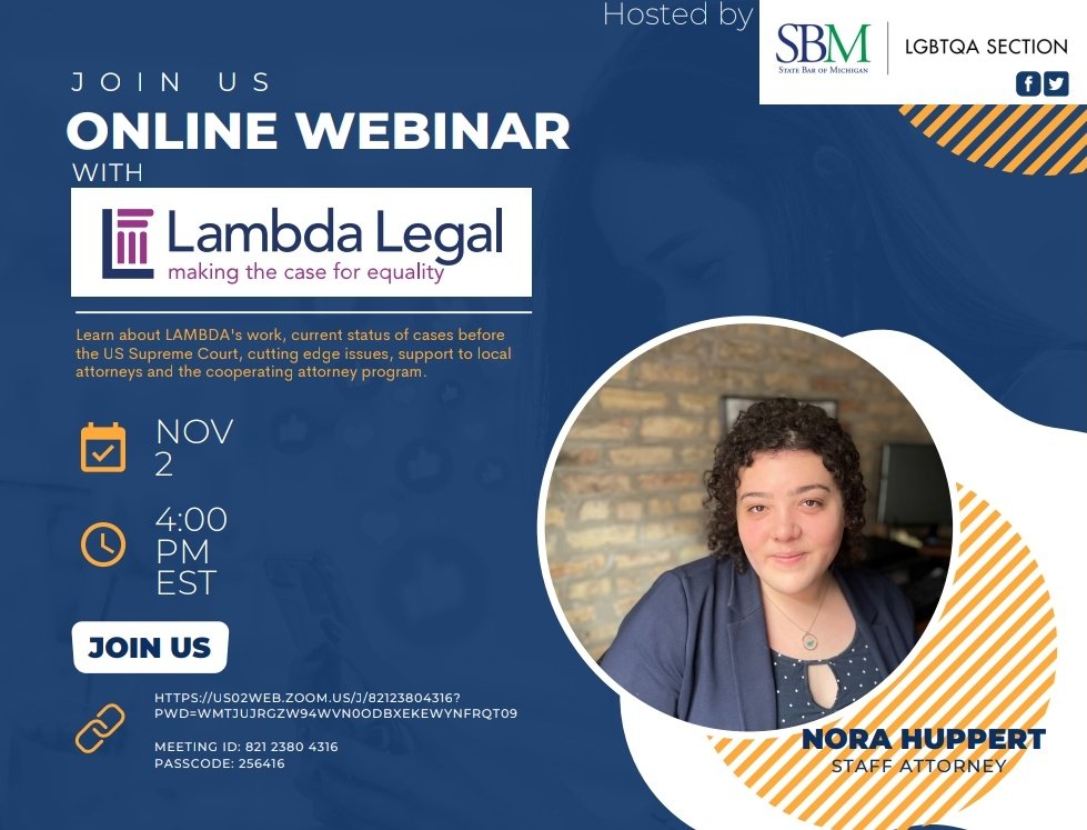 sbmlgbtq's tweet photo. ⚠️Coming Soon⚠️

Join us for a speaker event with LAMDBA Legal Defense Fund's, Nora Huppert. Nora will present on LAMDBA’s work, current status cases before US Supreme Court, cutting edge issues, support to local attorneys and cooperating attorney program. https://t.co/hHDFAbtxYp