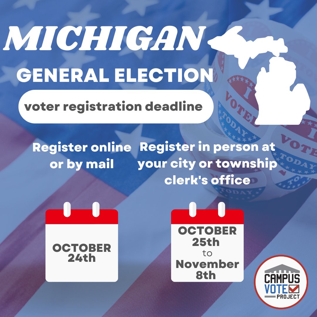 📣📣📣 Michigan voters! Your deadline to register to vote online or by mail is TODAY! Check your registration status and make your voice heard in November 👇️ campusvoteproject.org/vote
