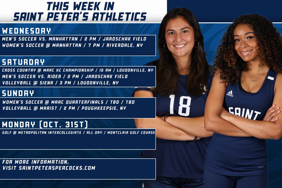 Saint Peterโs Athletics (@SPUAthletics) on Twitter photo 2022-10-24 14:33:33 ๐ฐ๐๐๐๐ ๐๐๐๐ ๐๐ ๐๐๐๐๐ ๐๐๐๐๐'๐ ๐๐๐๐๐๐๐๐๐๐ฐ @PeacocksMSOC plays at the 'Schak twice, @PeacocksTFXC heads to upstate New York for their championship meet, and @PeacocksWSOC looks to clinch a playoff berth for the first time since 2017! #StrutUp๐ฆ ๐ฐ๐๐๐๐ ๐๐๐๐ ๐๐ ๐๐๐๐๐ ๐๐๐๐๐'๐ ๐๐๐๐๐๐๐๐๐๐ฐ @PeacocksMSOC plays at the 'Schak twice, @PeacocksTFXC heads to upstate New York for their championship meet, and @PeacocksWSOC looks to clinch a playoff berth for the first time since 2017! #StrutUp๐ฆ