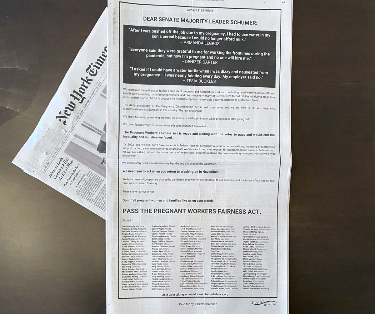 It's unacceptable that millions of pregnant women can still be denied basic support at work, like a chair or bottle of water. In today's @nytimes, we & 125 moms urge @SenSchumer to hold a vote on the Pregnant Workers Fairness Act. #ProtectPregnantWorkers abetterbalance.org/resources/125-…