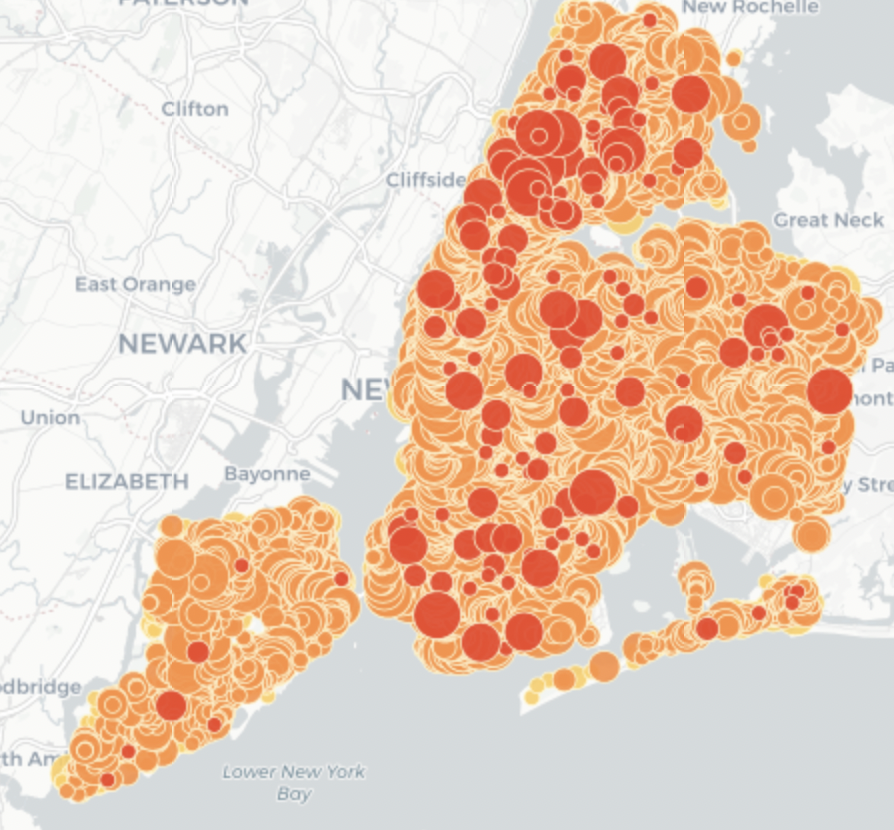 Here's your periodic reminder that there are roughly 282 crashes every single day in NYC. So far through Oct. 18 this year, there have been 82,336 crashes injuring 39,061 people (orange dots) and killing 200 (red dots).