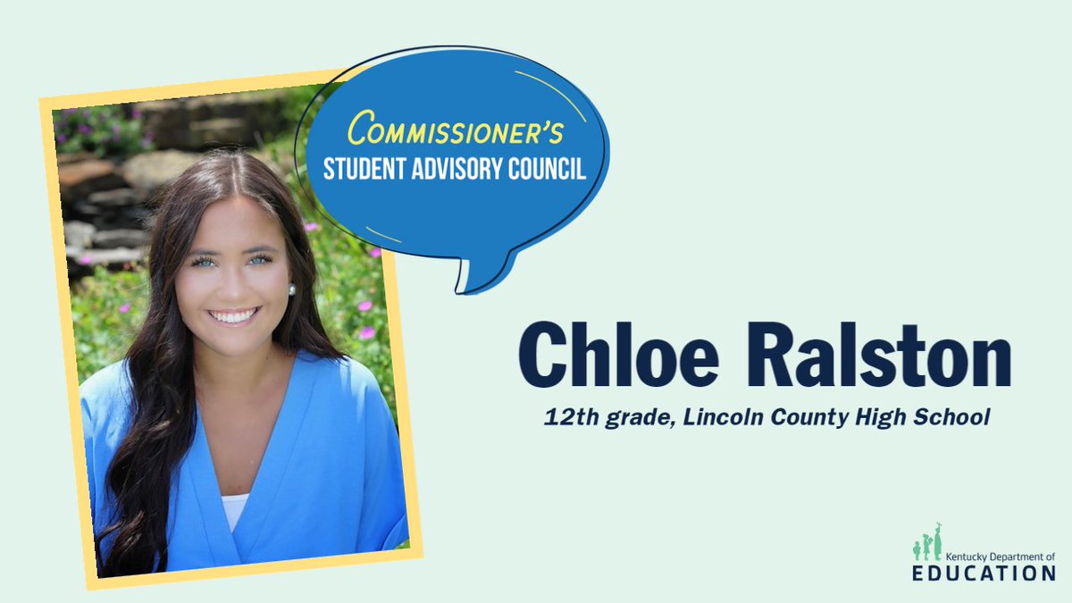 KDEStuVoice's tweet photo. Say hi to Chloe! @chloejanebell joined the advisory council to provide student voice on issues that are important to high school students and advocate for all of Kentucky’s education communities. #KyEd #UnitedWeLearnKY https://t.co/WGtys4dhCx
