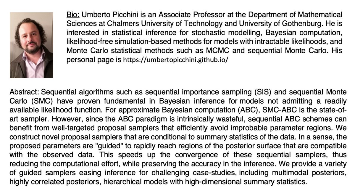 prashant_rsingh's tweet photo. Join us tomorrow for an exciting seminar by @uPicchini  on “guided sequential ABC schemes for intractable Bayesian models”. The seminar starts at 13.15 until 14.00 CEST in Room 101127, Ångströmlaboratoriet, Uppsala University &amp; online: https://t.co/i50EElf5aL. Warmly welcome! https://t.co/kuQ7SEpVlZ