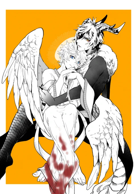 鍾タル。絵のつもりでしたがただの天使と悪魔パロになったね( ˘ω˘)  悪魔の方が凡人守護してて天使の方が狩る方っていうお約束。 