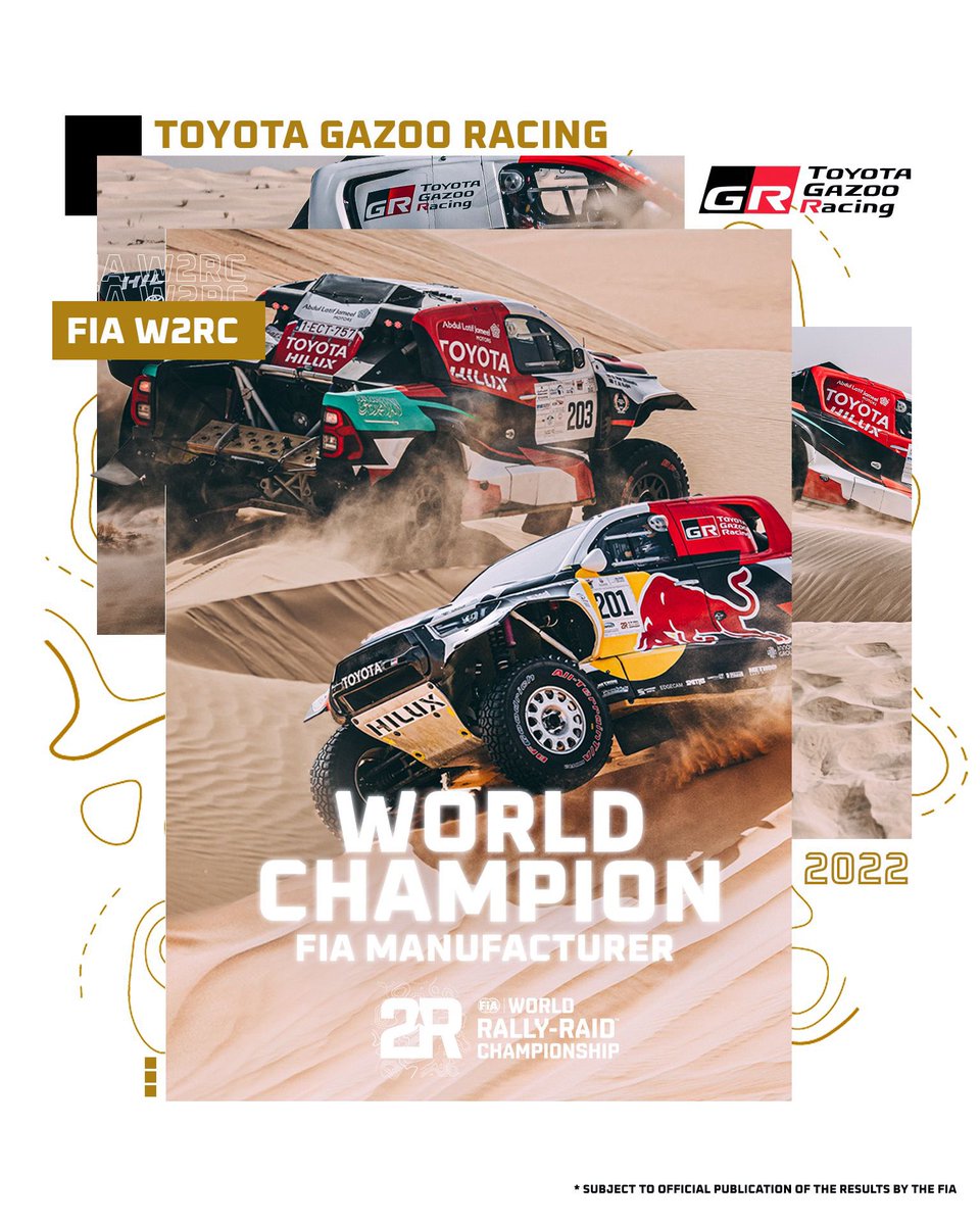 🏆 #FIA WORLD RALLY-RAID CHAMPIONSHIP – MANUFACTURERS WINNER ￼ 👏 @TGR_W2RC wins the manufacturer title! Congrats to all the team and the pilots @AlAttiyahN and @YazeedRacing, and their co-pilots @matthieubaumel, Dirk von Zitzewitz and Michael Orr! ￼ #W2RC #TGR #TGRW2RC