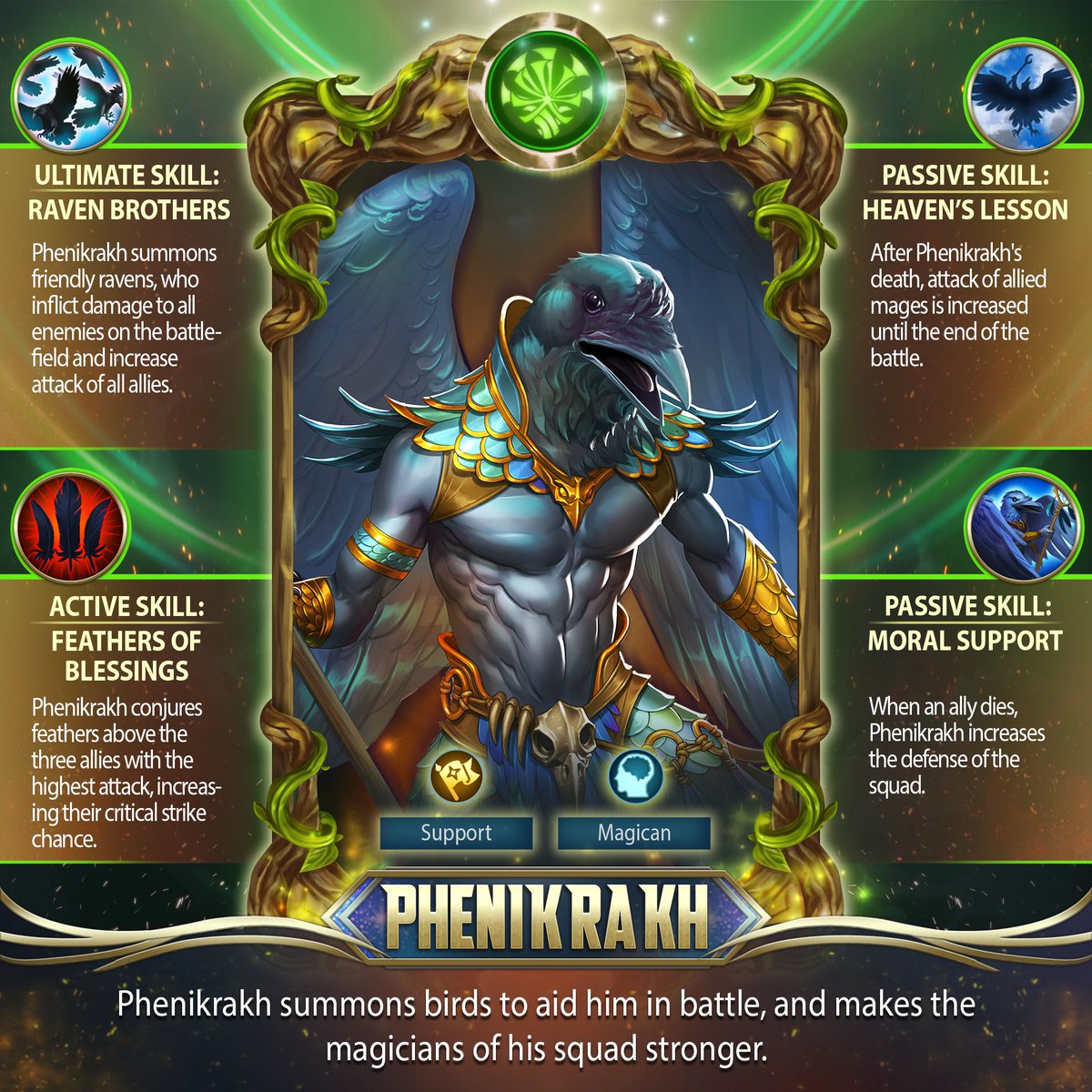 BlitzRise's tweet photo. And here comes Phenikrakh's BIG reveal!
As many of you have already guessed, he's a birdman. His main specialty is support, and his secondary role is a ranged AOE damage dealer. 
Are you excited to add this hero to your squad? https://t.co/N3xl8I4wSh