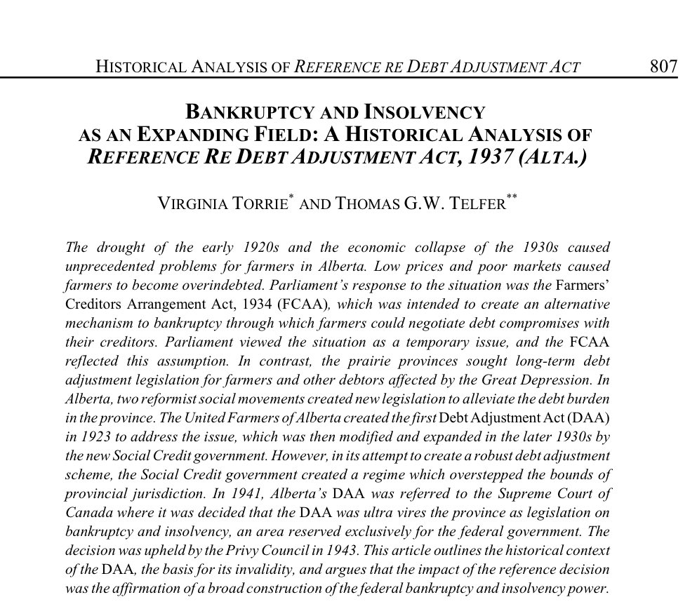 altalawreview's tweet photo. In this article, the authors discuss the historical context of the Debt Adjustment Act and the reference decision which declared the Act invalid. They argue that this decision resulted in the affirmation of a broad construction of the federal bankruptcy and insolvency power. https://t.co/GWlmtgx1ZL