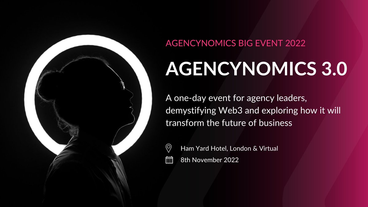 We've created a fantastic day of learning which we're excited to share with you. 

Whether you are a #Web3 expert or novice, we can assure you, there IS more left to learn, and you'll come away with invaluable knowledge to better serve your clients

agencynomics.com/2022