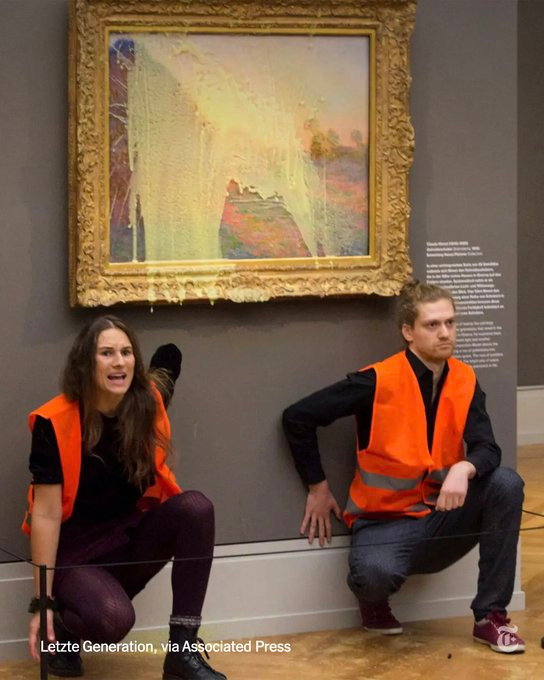 Climate activists, mashed potatoes, Monet painting